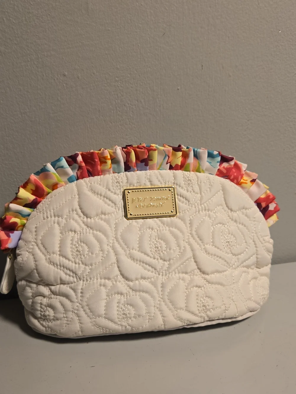 Betsey Johnson White Quilted Cosmetic Pouch with Multicolor Ruffle